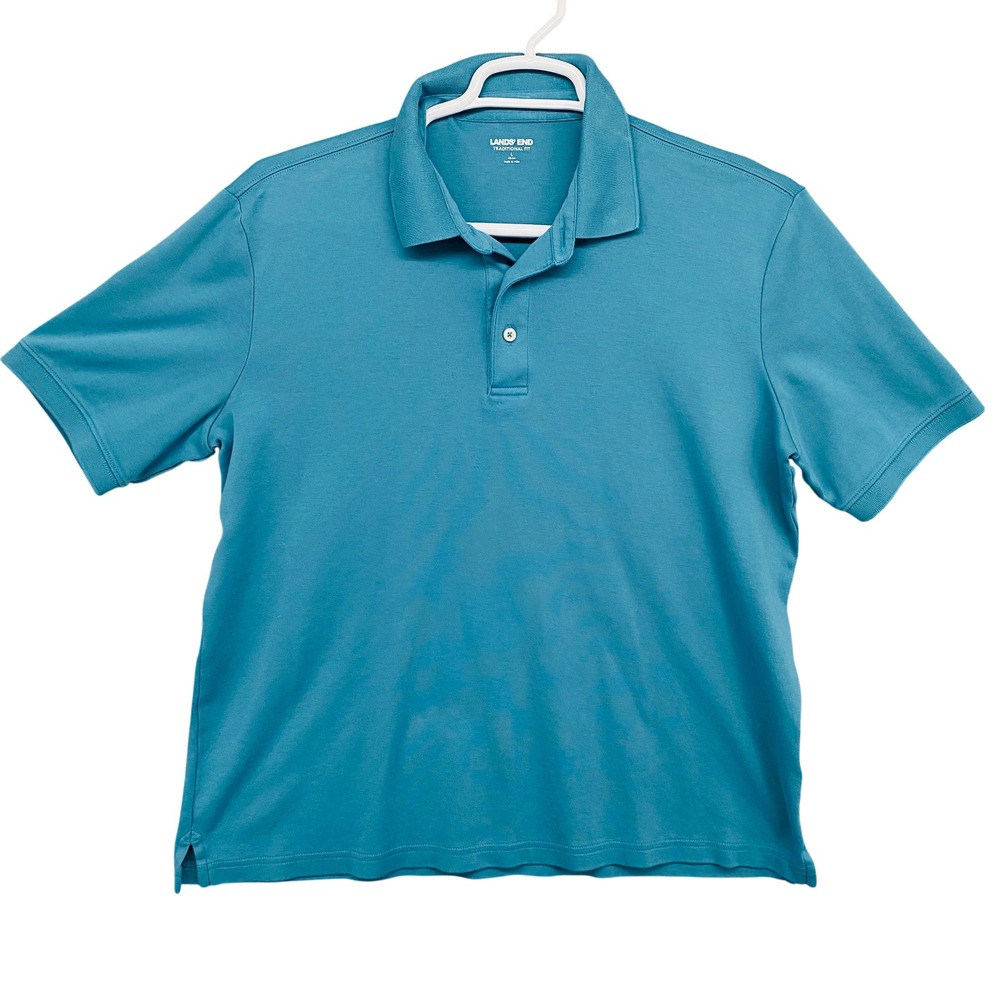 Lands End Mens Traditional Fit Polo Shirt Teal Blue Short Sleeve‎ Size L 42-44